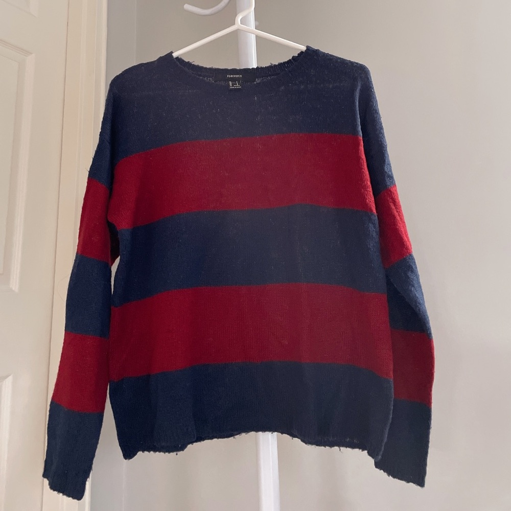 Forever 21 Long Sleeve Navy Dark Red Stripes Round Neck Casual Sheer Sweater